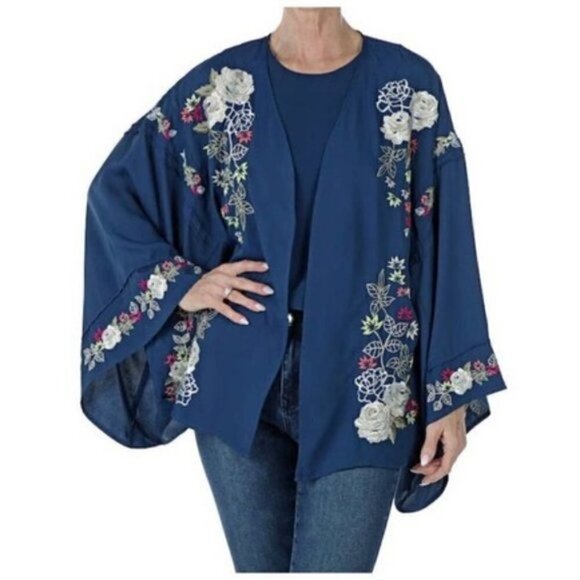 NWOT DG2 By Diane Gilman Blue Floral Embroidered Boho Open Front Kimono Top - Picture 1 of 13